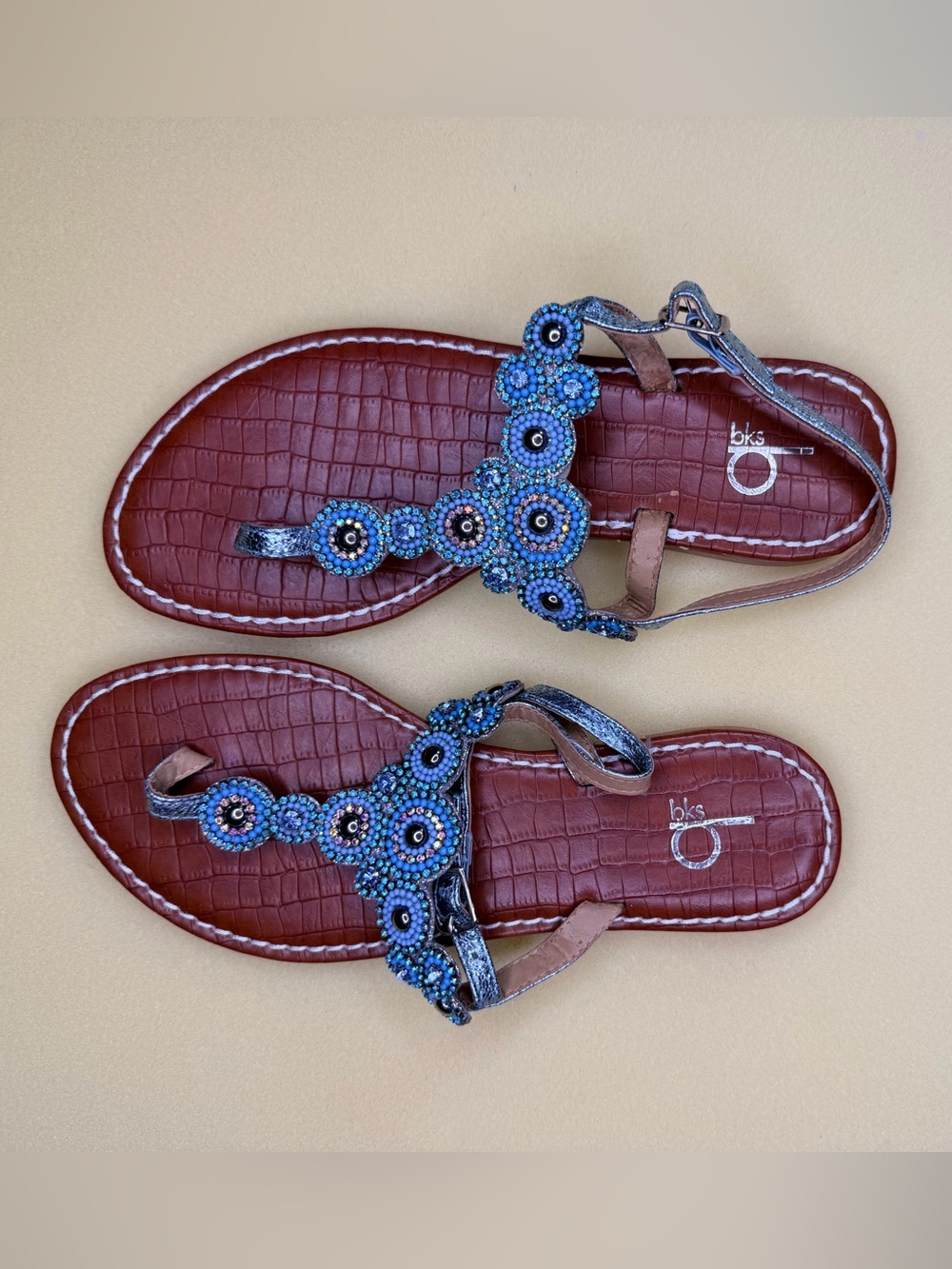 Bakers Blue Beaded T-Strap Sandals (7)